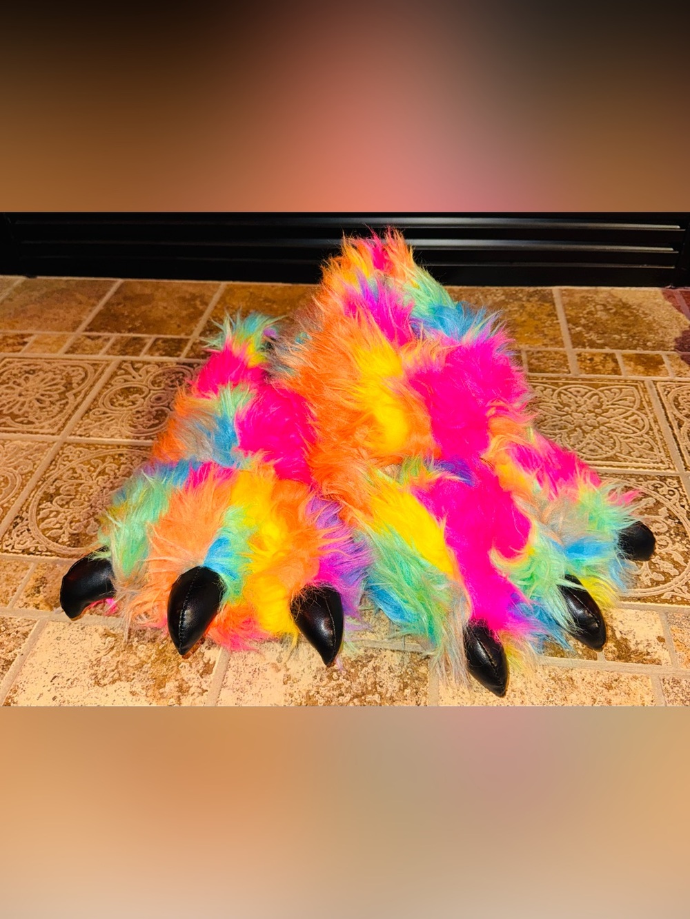 Rainbow Fuzzy Monster Claw Slippers for Women - Multicolor Plush